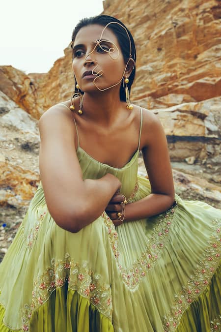 EASE Green Satin Organza Floral Motifs Scoop Neck Ombre Tiered Kurta And Palazzo Set Online at Aza Fashions EASE_Green Satin Organza Floral Motifs Scoop Neck Ombre Tiered Kurta And Palazzo Set _Online_at_Aza_Fashions