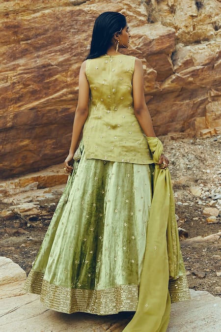 Shop EASE Green Satin , Velvet, Viscose Embroidered Kurta Lehenga Set at Aza Fashions Shop_EASE_Green Satin , Velvet, Viscose Embroidered Kurta Lehenga Set _at_Aza_Fashions