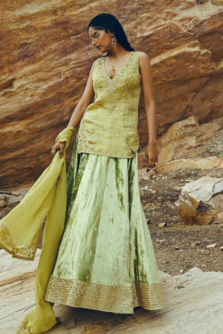 Buy EASE Green Satin , Velvet, Viscose Embroidered Kurta Lehenga Set Online at Aza Fashions Buy_EASE_Green Satin , Velvet, Viscose Embroidered Kurta Lehenga Set _Online_at_Aza_Fashions