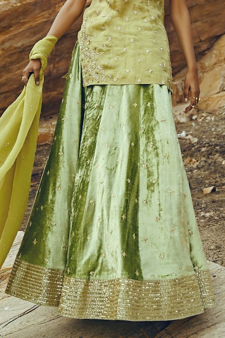 EASE Green Satin , Velvet, Viscose Embroidered Kurta Lehenga Set at Aza Fashions EASE_Green Satin , Velvet, Viscose Embroidered Kurta Lehenga Set _at_Aza_Fashions
