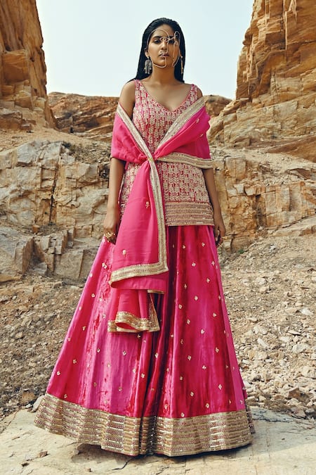 Shop_Ease_Pink Velvet, Viscose Organza Floral Motifs V Neck Embroidered Kurta Lehenga Set _at_Aza_Fashions