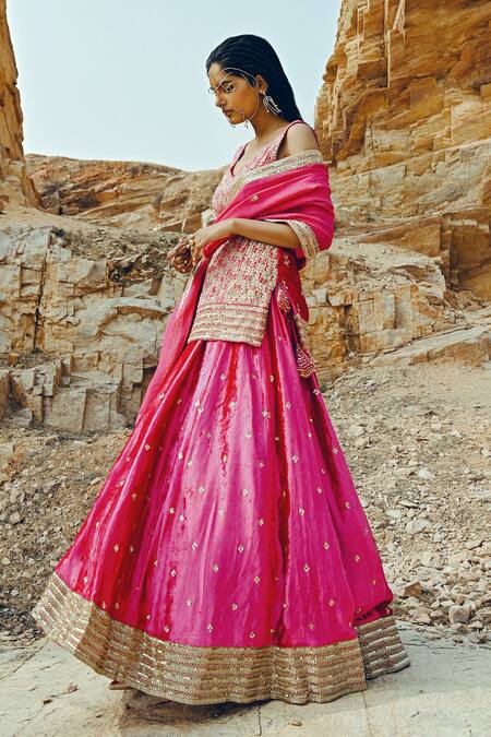 Buy_Ease_Pink Velvet, Viscose Organza Floral Motifs V Neck Embroidered Kurta Lehenga Set _Online_at_Aza_Fashions