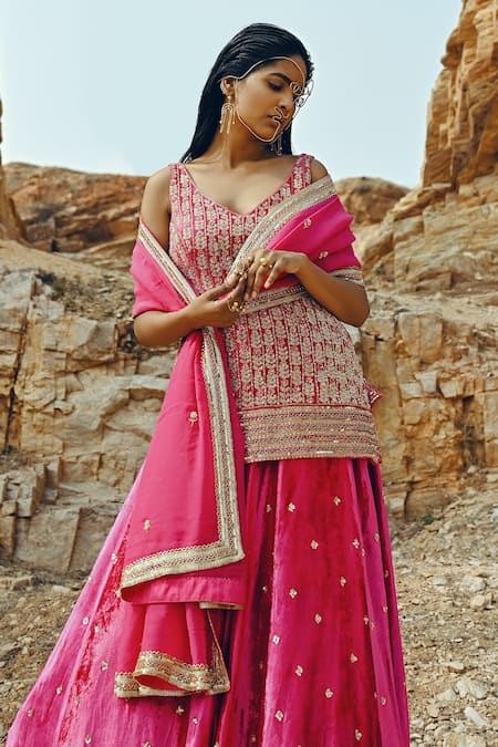 Shop_Ease_Pink Velvet, Viscose Organza Floral Motifs V Neck Embroidered Kurta Lehenga Set _Online_at_Aza_Fashions