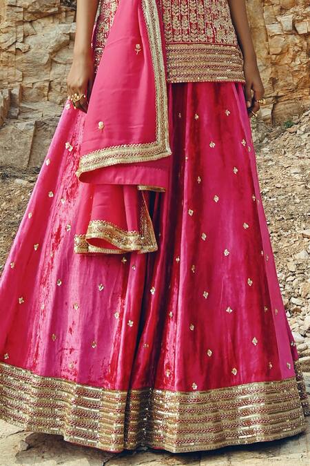 Ease_Pink Velvet, Viscose Organza Floral Motifs V Neck Embroidered Kurta Lehenga Set _at_Aza_Fashions