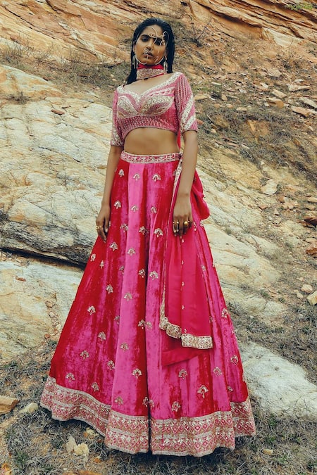 Ease Pink Velvet Embroidered Floral Motifs V Neck Bridal Lehenga Set 