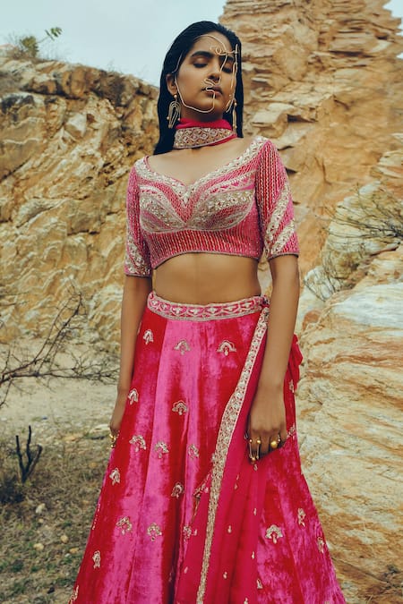 Buy EASE Pink Velvet, Viscose Organza Floral Motifs V Neck Embroidered Bridal Lehenga Set Online at Aza Fashions Buy_EASE_Pink Velvet, Viscose Organza Floral Motifs V Neck Embroidered Bridal Lehenga Set _Online_at_Aza_Fashions