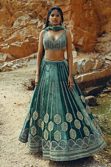 Buy EASE Blue Velvet, Viscose Organza Nakshi V Neck Embroidered Bridal Lehenga Set Online at Aza Fashions Buy_EASE_Blue Velvet, Viscose Organza Nakshi V Neck Embroidered Bridal Lehenga Set _Online_at_Aza_Fashions