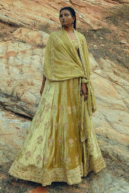 Buy_EASE_Yellow Velvet, Viscose Organza Nakshi Square Neck Embroidered Bridal Lehenga Set_Online_at_Aza_Fashions