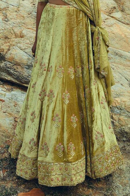 EASE_Yellow Velvet, Viscose Organza Nakshi Square Neck Embroidered Bridal Lehenga Set_at_Aza_Fashions