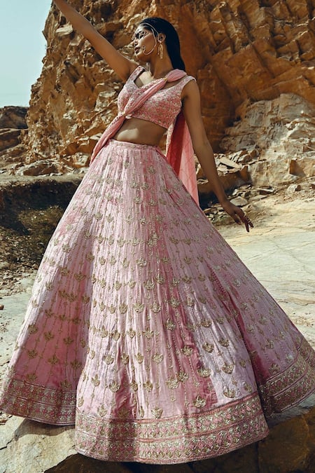EASE Pink Velvet, Viscose Organza Nakshi V Floral Embroidered Bridal Lehenga Set 