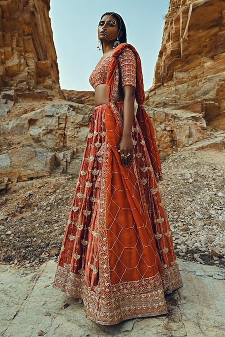Shop EASE Orange Velvet, Viscose Organza Nakshi V Neck Embroidered Bridal Lehenga Set at Aza Fashions Shop_EASE_Orange Velvet, Viscose Organza Nakshi V Neck Embroidered Bridal Lehenga Set _at_Aza_Fashions