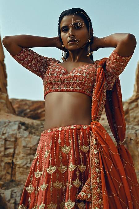 Buy EASE Orange Velvet, Viscose Organza Nakshi V Neck Embroidered Bridal Lehenga Set Online at Aza Fashions Buy_EASE_Orange Velvet, Viscose Organza Nakshi V Neck Embroidered Bridal Lehenga Set _Online_at_Aza_Fashions
