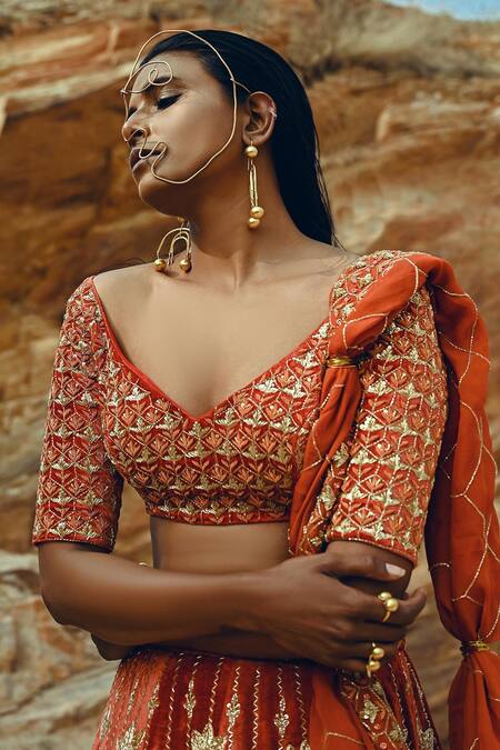 Shop EASE Orange Velvet, Viscose Organza Nakshi V Neck Embroidered Bridal Lehenga Set Online at Aza Fashions Shop_EASE_Orange Velvet, Viscose Organza Nakshi V Neck Embroidered Bridal Lehenga Set _Online_at_Aza_Fashions