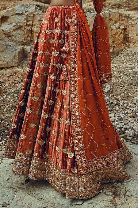 EASE Orange Velvet, Viscose Organza Nakshi V Neck Embroidered Bridal Lehenga Set at Aza Fashions EASE_Orange Velvet, Viscose Organza Nakshi V Neck Embroidered Bridal Lehenga Set _at_Aza_Fashions