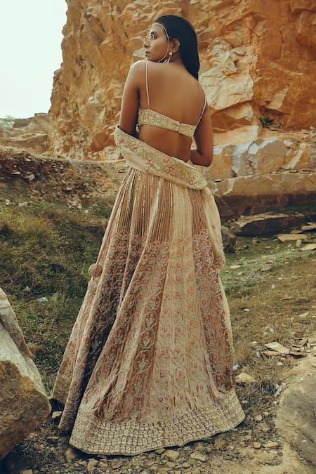 Shop EASE Beige Velvet, Viscose Organza Nakshi Floral Embroidered Bridal Lehenga Set at Aza Fashions Shop_EASE_Beige Velvet, Viscose Organza Nakshi Floral Embroidered Bridal Lehenga Set _at_Aza_Fashions