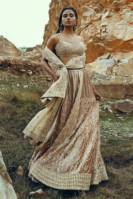 EASE Beige Velvet, Viscose Organza Nakshi Floral Embroidered Bridal Lehenga Set Online at Aza Fashions EASE_Beige Velvet, Viscose Organza Nakshi Floral Embroidered Bridal Lehenga Set _Online_at_Aza_Fashions