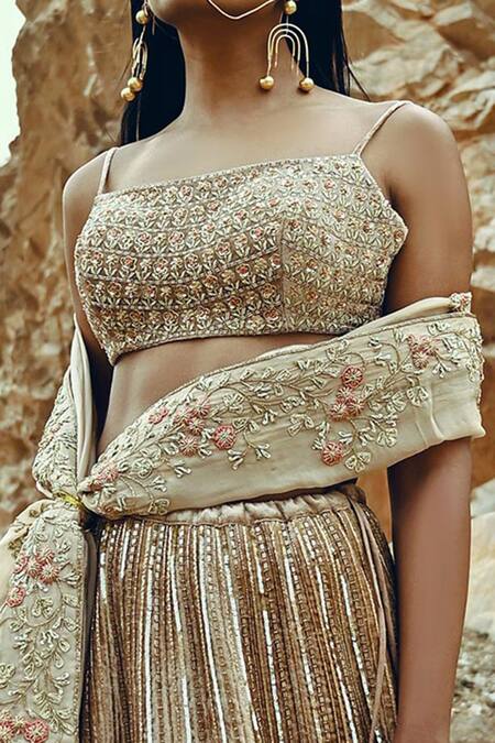 Shop EASE Beige Velvet, Viscose Organza Nakshi Floral Embroidered Bridal Lehenga Set Online at Aza Fashions Shop_EASE_Beige Velvet, Viscose Organza Nakshi Floral Embroidered Bridal Lehenga Set _Online_at_Aza_Fashions