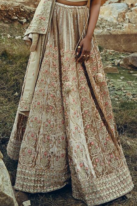EASE Beige Velvet, Viscose Organza Nakshi Floral Embroidered Bridal Lehenga Set at Aza Fashions EASE_Beige Velvet, Viscose Organza Nakshi Floral Embroidered Bridal Lehenga Set _at_Aza_Fashions