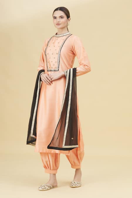 Samyukta Singhania Peach Cotton Silk Embroidered Kurta Set