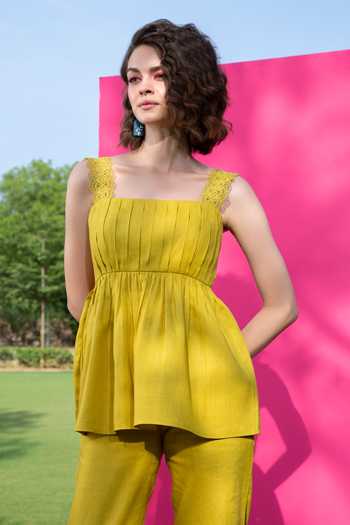 Apz_Green Linen Fit And Flare Top And Pant Set_Online_at_Aza_Fashions