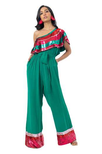 Gaya_Green Viscose Double Georgette One Shoulder Jumpsuit_Online_at_Aza_Fashions