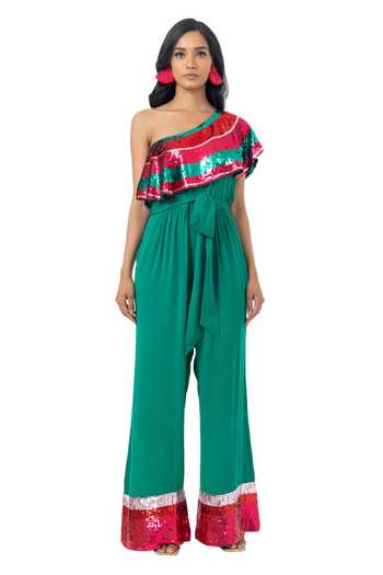 Shop_Gaya_Green Viscose Double Georgette One Shoulder Jumpsuit_Online_at_Aza_Fashions