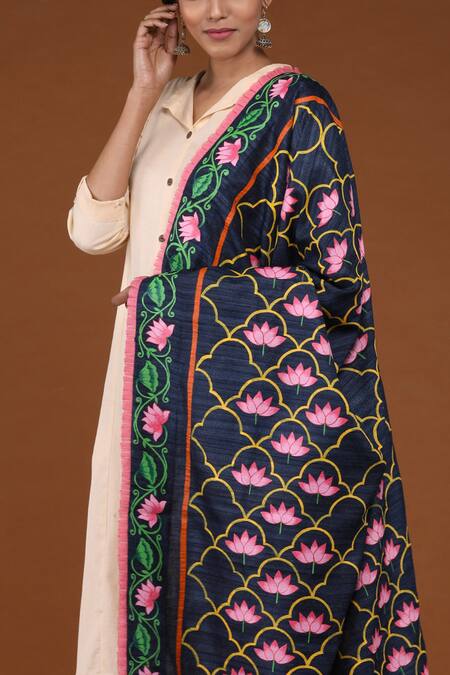 Label Pratham_Blue Hand-painted Handwoven Silk Dupatta_Online_at_Aza_Fashions