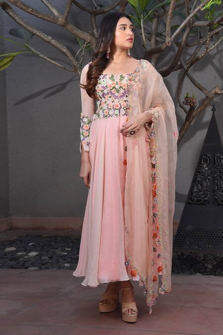 Kasturi Tikmani Pink Embroidered Anarkali With Dupatta Online at Aza Fashions Kasturi Tikmani_Pink Embroidered Anarkali With Dupatta _Online_at_Aza_Fashions