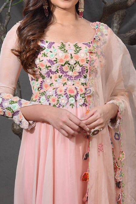 Shop Kasturi Tikmani Pink Embroidered Anarkali With Dupatta Online at Aza Fashions Shop_Kasturi Tikmani_Pink Embroidered Anarkali With Dupatta _Online_at_Aza_Fashions