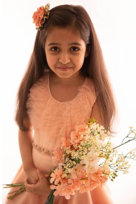 PA:Paa_Peach Organza Ruffle Dress_Online_at_Aza_Fashions