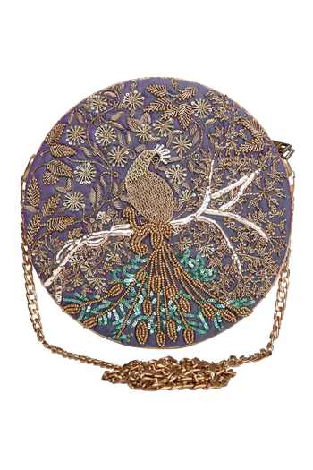 Buy The Purple Sack Blue Embroidery Circular Sling Bag at Aza Fashions Buy_The Purple Sack_Blue Embroidery Circular Sling Bag _at_Aza_Fashions