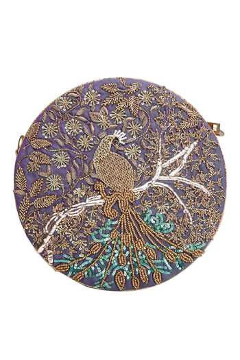 Shop The Purple Sack Blue Embroidery Circular Sling Bag at Aza Fashions Shop_The Purple Sack_Blue Embroidery Circular Sling Bag _at_Aza_Fashions
