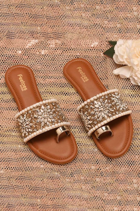 Buy Yellow Gold Pearl Embellished Sandals from Westside