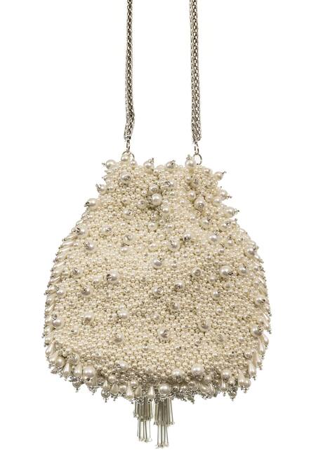 SG Collection By Sonia Gulrajani_Ivory Pearls Work Velvet Potli Bag _Online_at_Aza_Fashions