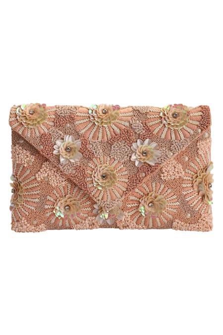 The Purple Sack_Peach Embroidery, Sequins Floral Envelope Clutch With Sling _Online_at_Aza_Fashions
