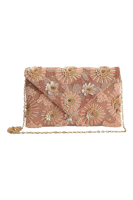 Buy_The Purple Sack_Peach Embroidery, Sequins Floral Envelope Clutch With Sling _Online_at_Aza_Fashions