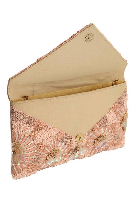 Shop_The Purple Sack_Peach Embroidery, Sequins Floral Envelope Clutch With Sling _Online_at_Aza_Fashions