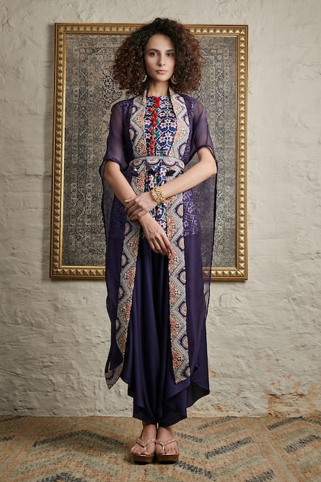 Prisho Blue Silk Embroidered Geometric Round Sheer Cape And Draped Pant Set  