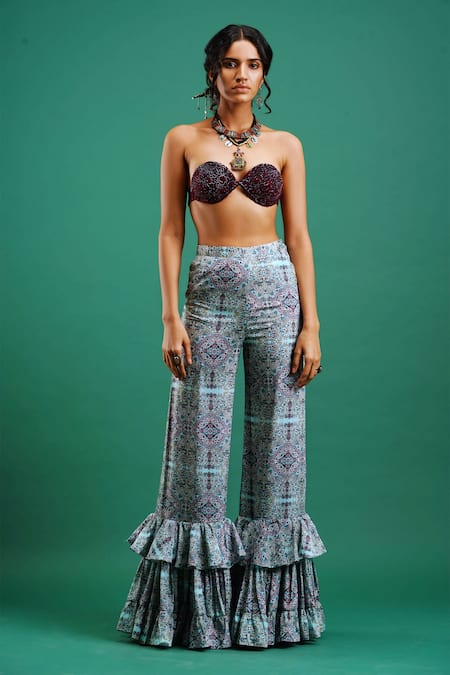 Nidhi Yasha_Black Viscose Sweetheart Neck Embellished Crop Top With Pants _Online_at_Aza_Fashions