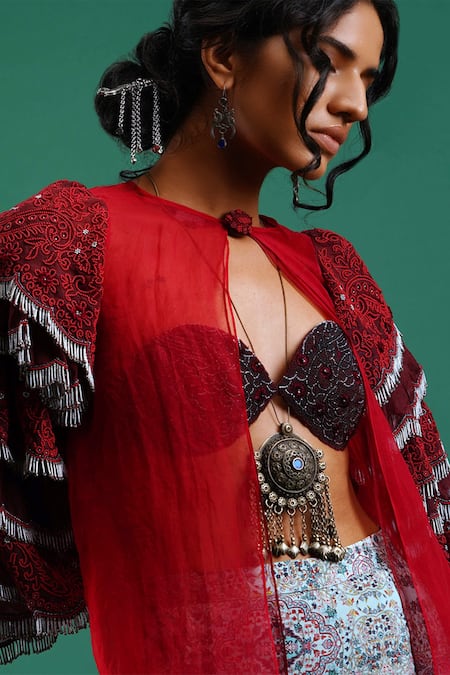 Buy_Nidhi Yasha_Maroon Viscose Embroidered Cape _Online_at_Aza_Fashions