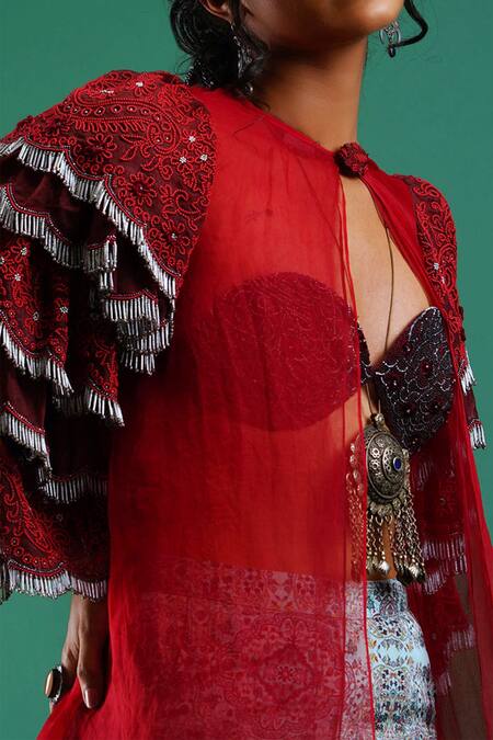 Shop_Nidhi Yasha_Maroon Viscose Embroidered Cape _Online_at_Aza_Fashions