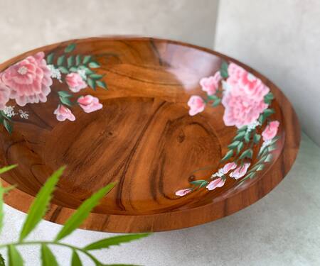Floursha_Brown Acacia Wood Hand Paint Peony Fruit Bowl_Online_at_Aza_Fashions