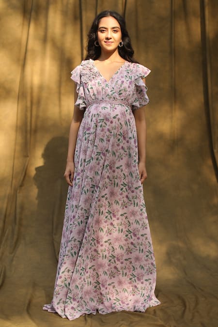 Bump Loving_Purple Georgette, Polyester Cutdana , Sequin V Floral Print Ruffle Gown_Online_at_Aza_Fashions