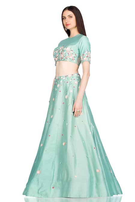 Salt And Spring_Green Chanderi Floral Motifs Round Embroidered Lehenga And Blouse Set _Online_at_Aza_Fashions