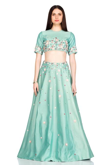 Buy_Salt And Spring_Green Chanderi Floral Motifs Round Embroidered Lehenga And Blouse Set _Online_at_Aza_Fashions
