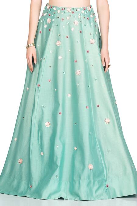 Shop_Salt And Spring_Green Chanderi Floral Motifs Round Embroidered Lehenga And Blouse Set _Online_at_Aza_Fashions