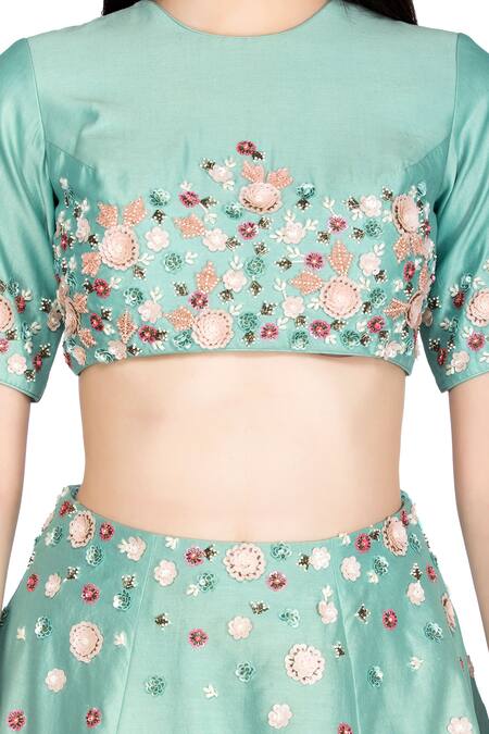 Salt And Spring_Green Chanderi Floral Motifs Round Embroidered Lehenga And Blouse Set _at_Aza_Fashions