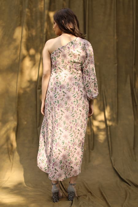 Shop_Bump Loving_Pink Polyester, Viscose Georgette Sequin Work One Shoulder Floral Print Dress _at_Aza_Fashions