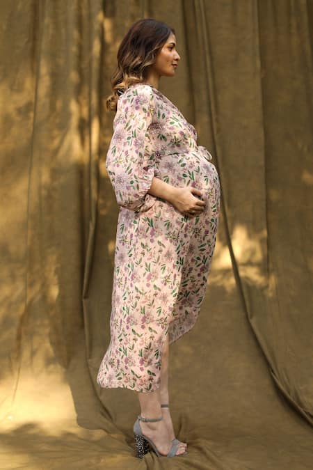 Bump Loving_Pink Polyester, Viscose Georgette Sequin Work One Shoulder Floral Print Dress _Online_at_Aza_Fashions