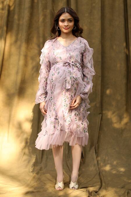 Shop_Bump Loving_Purple Viscose Georgette Hand Embroidered Floral Print Ruffle Dress  _at_Aza_Fashions